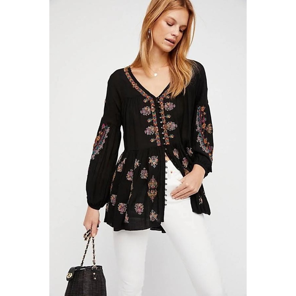 Free People Embroidered Babydoll Top Black Peasant Blouse Long Sleeve XS